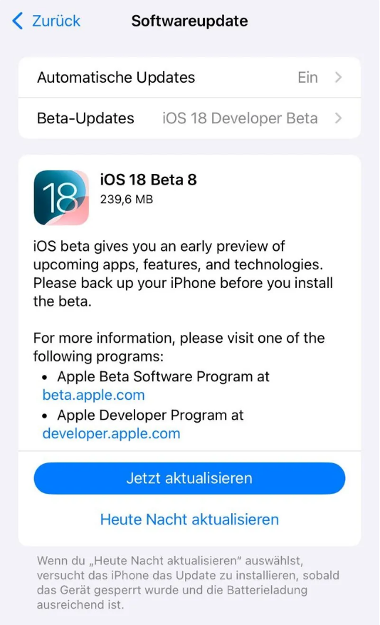 乌拉特中苹果手机维修分享苹果 iOS / iPadOS 18 开发者预览版 Beta 8 发布 